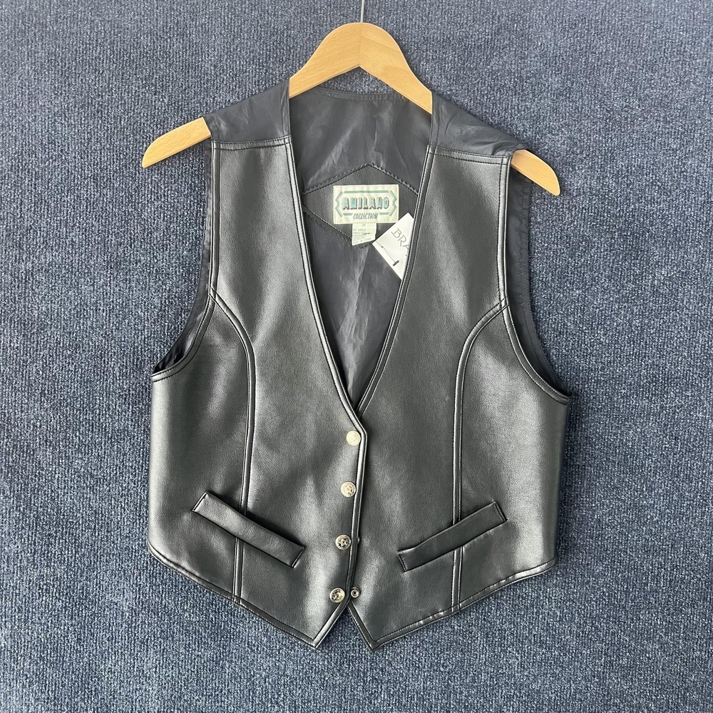 Vintage Amilano Collection Vest Mens Medium Faux Leather Biker Western Button Up
